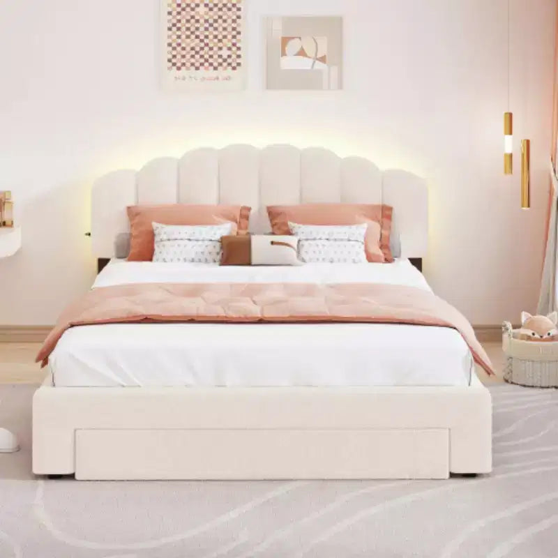Teddy Fleece Queen Platform Bed with Drawer 41.9"H