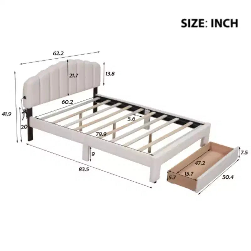 Teddy Fleece Queen Platform Bed with Drawer 41.9"H