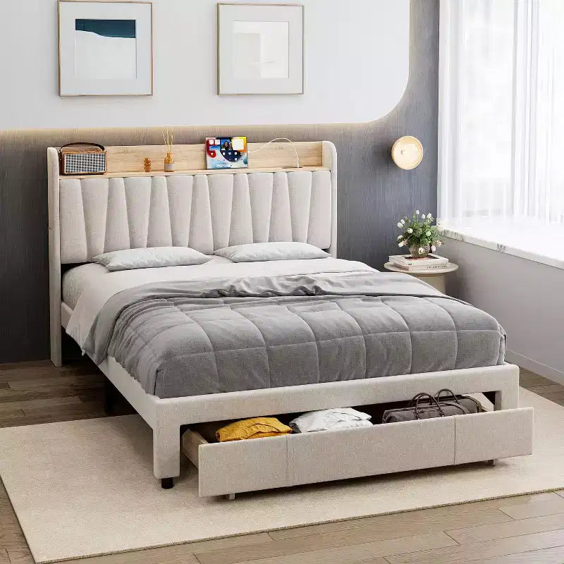 Upholstered Platform Bed with Storage Headboard and 2 Drawers