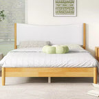 Königin-Plattformbett aus Kautschukholz mit gepolstertem Kopfteil, 100 cm hoch