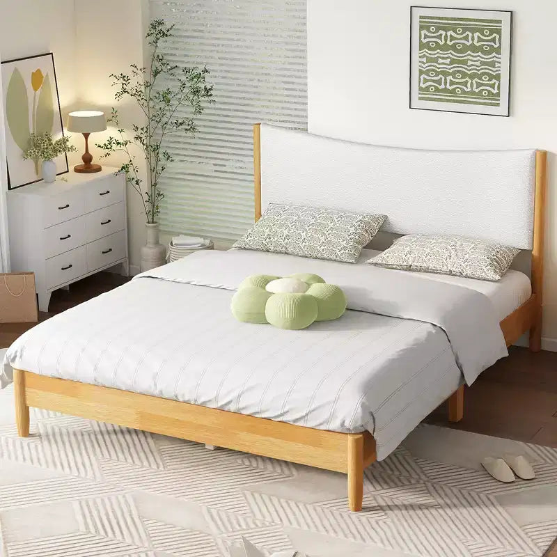 Rubberwood Queen Platform Bed with Upholstered Headboard 39.4"H