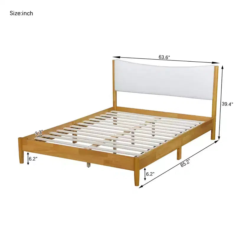 Königin-Plattformbett aus Kautschukholz mit gepolstertem Kopfteil, 100 cm hoch
