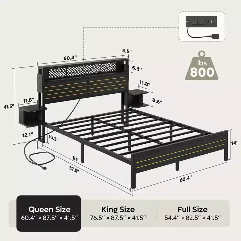 Metall-Queensize-Plattformbett mit Stauraumkopfteil und LED-Beleuchtung 105 cm H