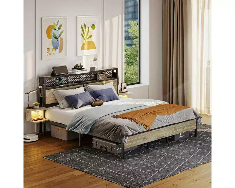 Metall-Queensize-Plattformbett mit Stauraumkopfteil und LED-Beleuchtung 105 cm H