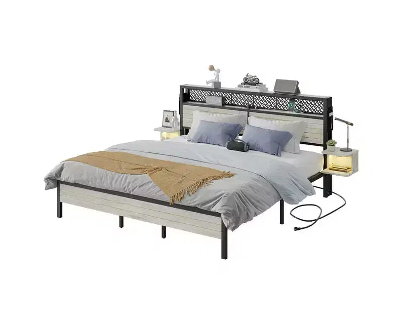 Metall-Queensize-Plattformbett mit Stauraumkopfteil und LED-Beleuchtung 105 cm H