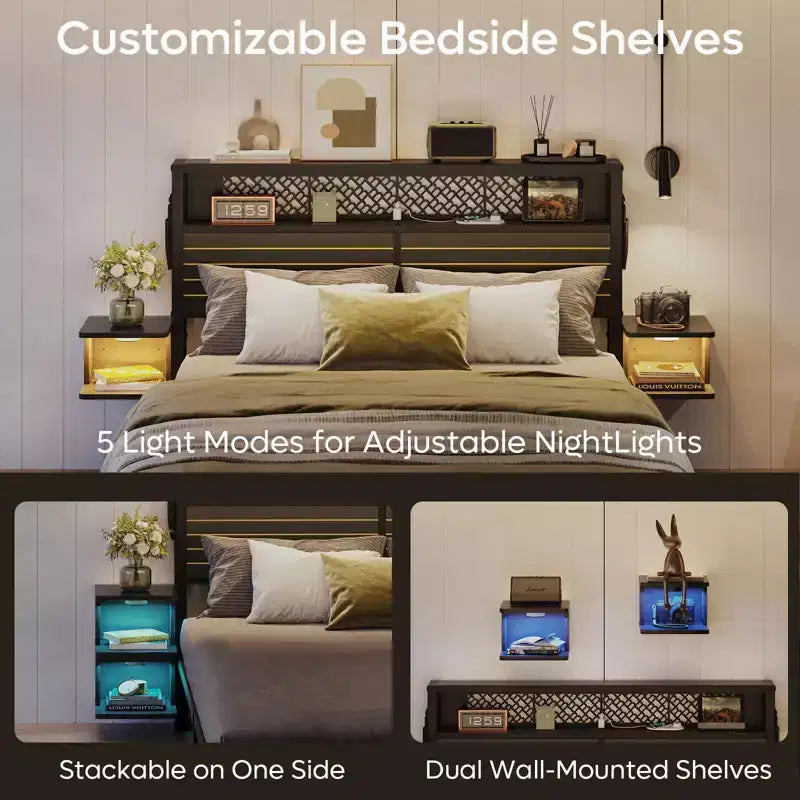 Metall-Queensize-Plattformbett mit Stauraumkopfteil und LED-Beleuchtung 105 cm H