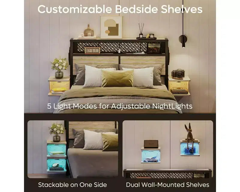 Metall-Queensize-Plattformbett mit Stauraumkopfteil und LED-Beleuchtung 105 cm H