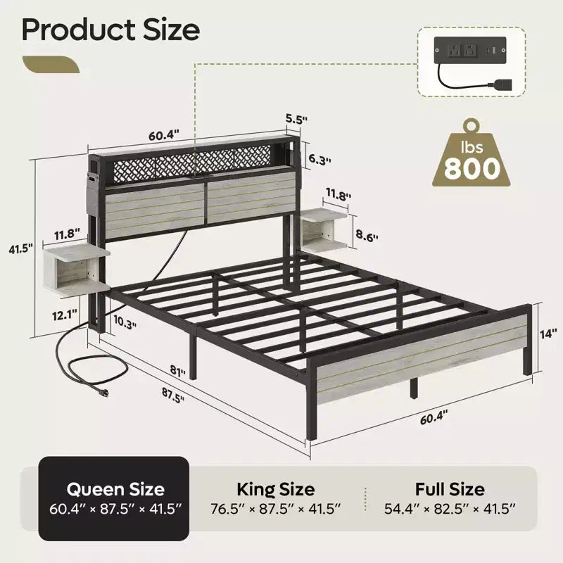 Metall-Queensize-Plattformbett mit Stauraumkopfteil und LED-Beleuchtung 105 cm H