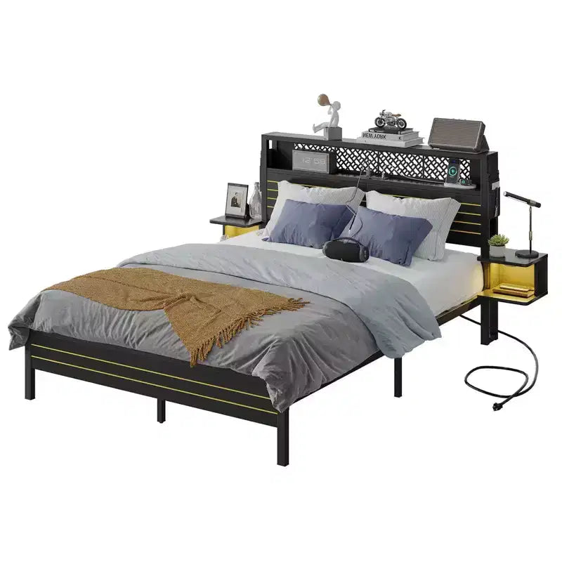 Metall-Queensize-Plattformbett mit Stauraumkopfteil und LED-Beleuchtung 105 cm H