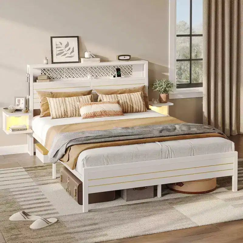 Metall-Queensize-Plattformbett mit Stauraumkopfteil und LED-Beleuchtung 105 cm H