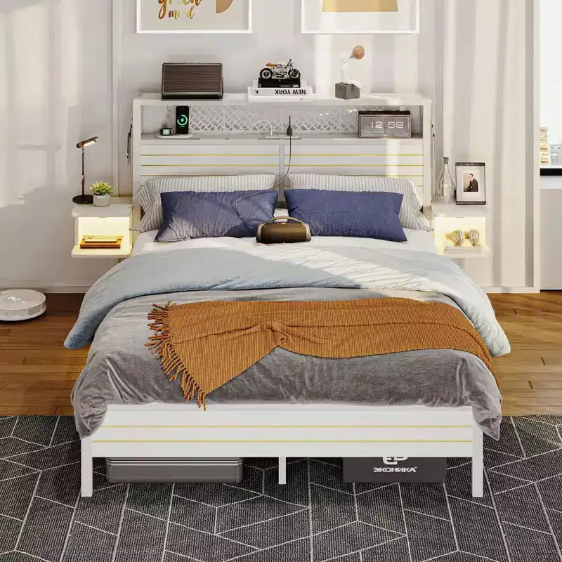 Metall-Queensize-Plattformbett mit Stauraumkopfteil und LED-Beleuchtung 105 cm H
