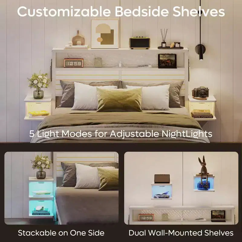 Metall-Queensize-Plattformbett mit Stauraumkopfteil und LED-Beleuchtung 105 cm H