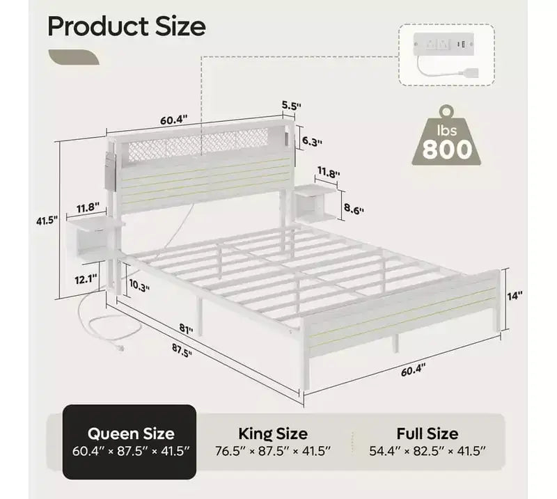 Metall-Queensize-Plattformbett mit Stauraumkopfteil und LED-Beleuchtung 105 cm H