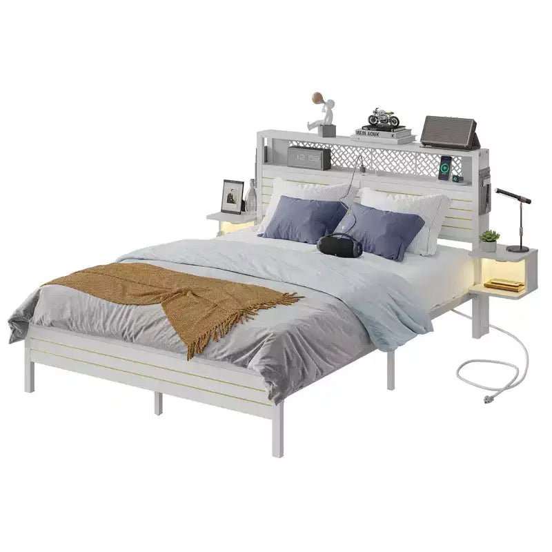 Metall-Queensize-Plattformbett mit Stauraumkopfteil und LED-Beleuchtung 105 cm H