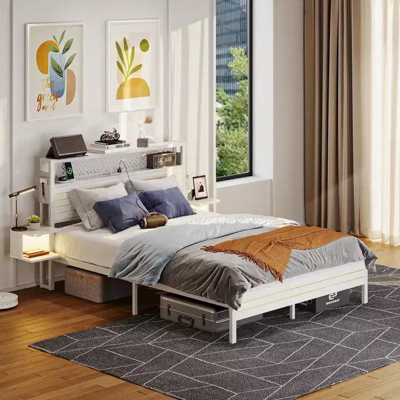Metall-Queensize-Plattformbett mit Stauraumkopfteil und LED-Beleuchtung 105 cm H