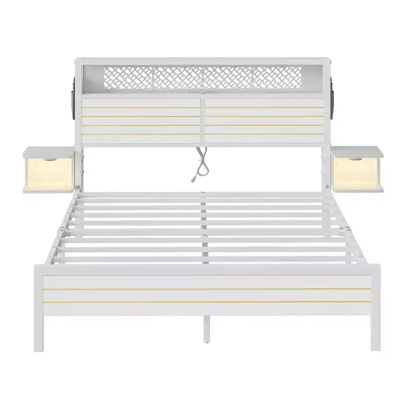 Metall-Queensize-Plattformbett mit Stauraumkopfteil und LED-Beleuchtung 105 cm H