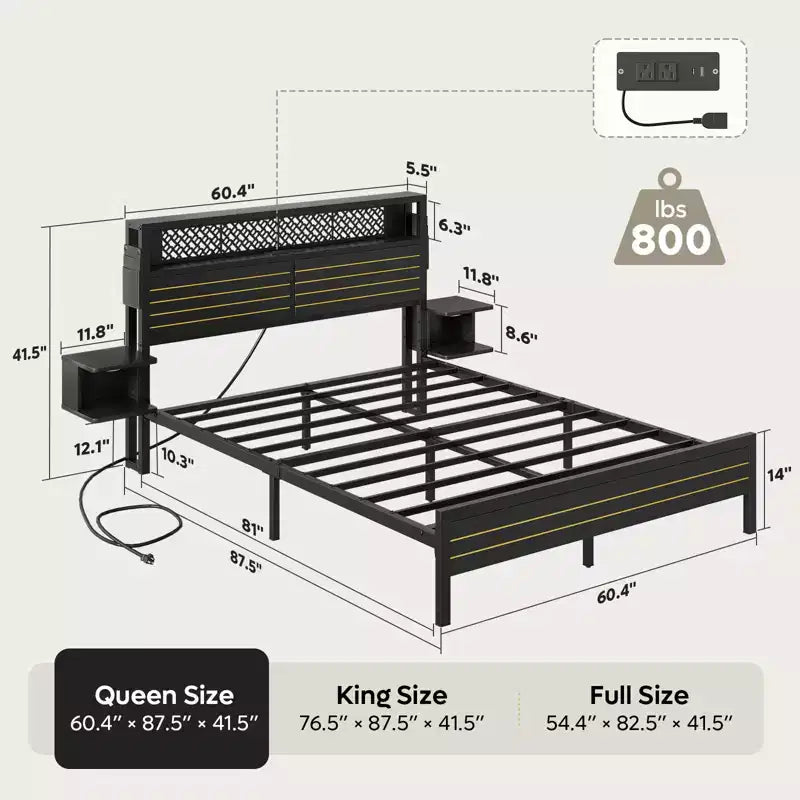 Metal Queen Platform Bed with Storage Headboard and LED Lights 41.5"H