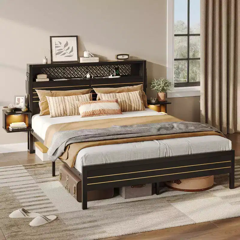 Metall-Queensize-Plattformbett mit Stauraumkopfteil und LED-Beleuchtung 105 cm H