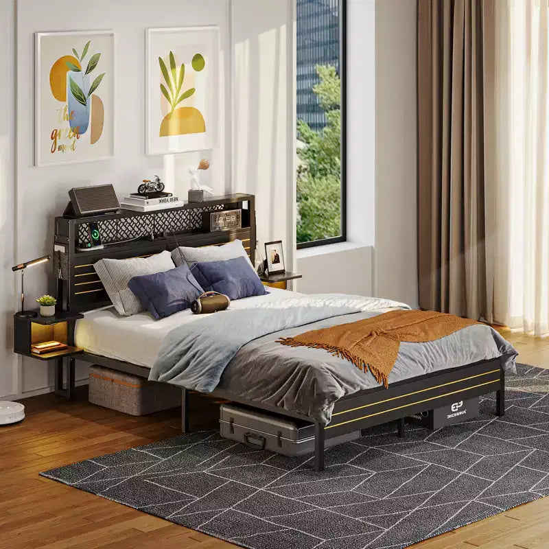 Metall-Queensize-Plattformbett mit Stauraumkopfteil und LED-Beleuchtung 105 cm H