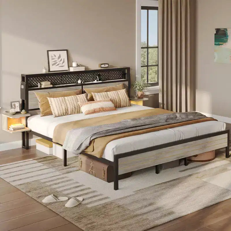 Metal Queen Platform Bed with Storage Headboard and LED Lights 41.5"H