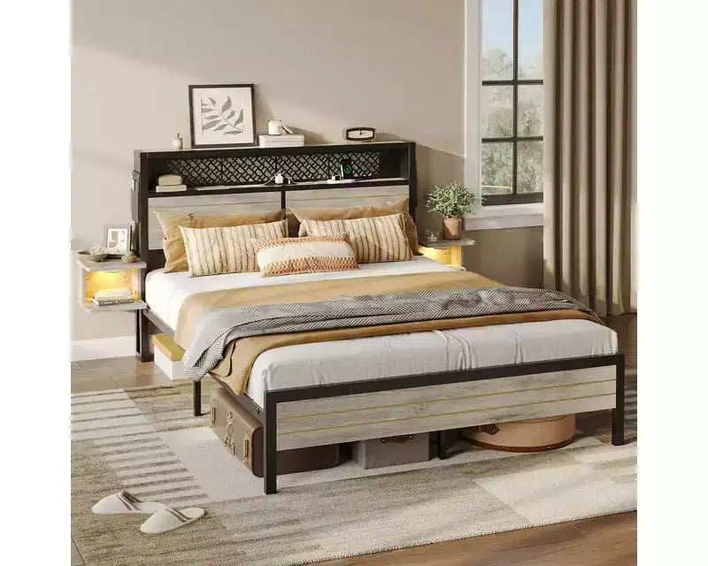 Metal Queen Platform Bed with Storage Headboard and LED Lights 41.5"H