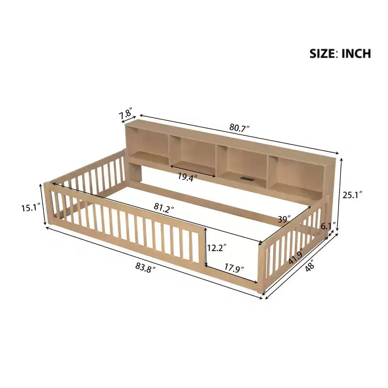 Kiefernholz Twin XL Bodenbett mit Aufbewahrungsschränken und USB-Anschlüssen 25.1"H
