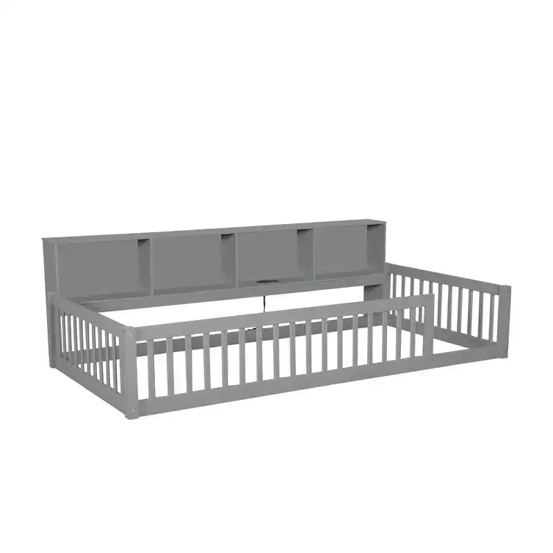 Kiefernholz Twin XL Bodenbett mit Aufbewahrungsschränken und USB-Anschlüssen 25.1"H