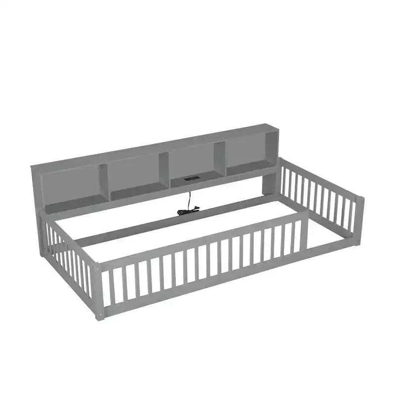 Kiefernholz Twin XL Bodenbett mit Aufbewahrungsschränken und USB-Anschlüssen 25.1"H