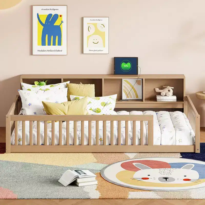 Kiefernholz Twin XL Bodenbett mit Aufbewahrungsschränken und USB-Anschlüssen 25.1"H