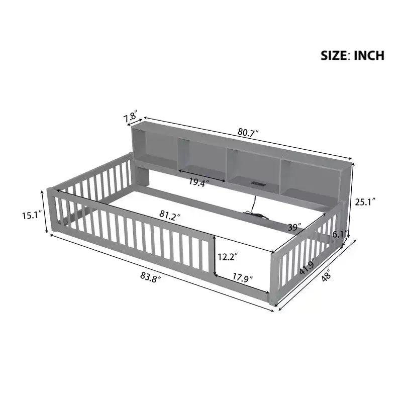 Kiefernholz Twin XL Bodenbett mit Aufbewahrungsschränken und USB-Anschlüssen 25.1"H