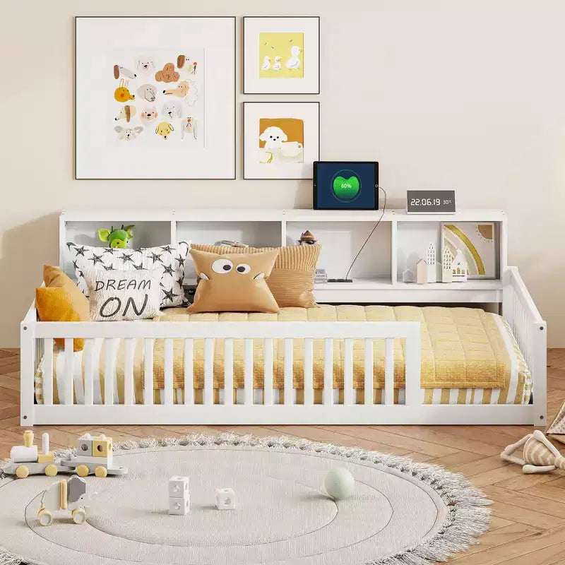 Kiefernholz Twin XL Bodenbett mit Aufbewahrungsschränken und USB-Anschlüssen 25.1"H