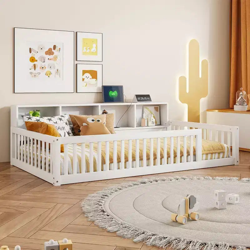 Kiefernholz Twin XL Bodenbett mit Aufbewahrungsschränken und USB-Anschlüssen 25.1"H