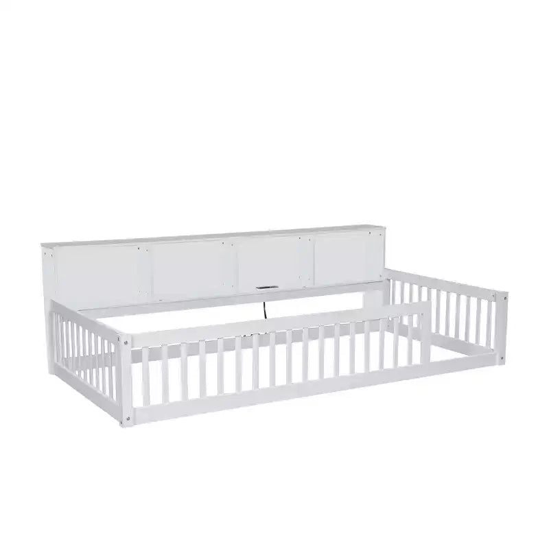 Kiefernholz Twin XL Bodenbett mit Aufbewahrungsschränken und USB-Anschlüssen 25.1"H
