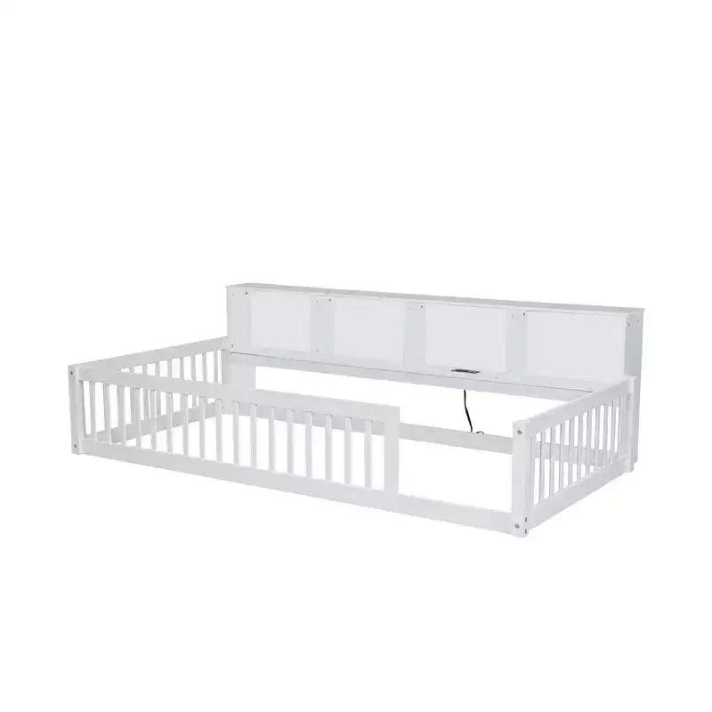 Kiefernholz Twin XL Bodenbett mit Aufbewahrungsschränken und USB-Anschlüssen 25.1"H