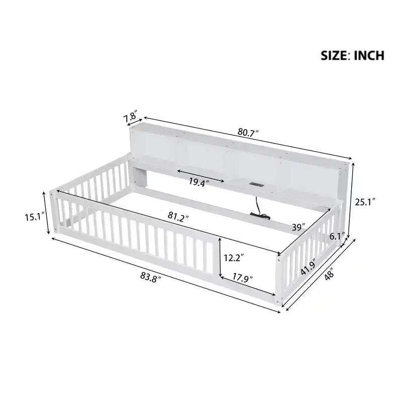 Kiefernholz Twin XL Bodenbett mit Aufbewahrungsschränken und USB-Anschlüssen 25.1"H