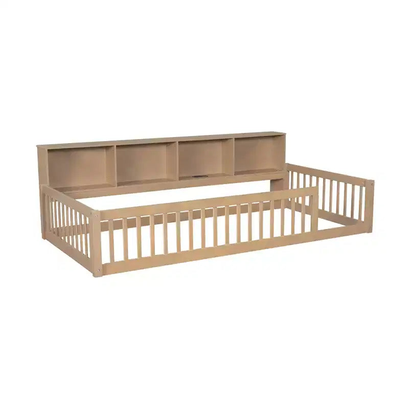 Pine Wood Twin XL Floor Bed with Storage Cabinets and USB Ports 25.1"H