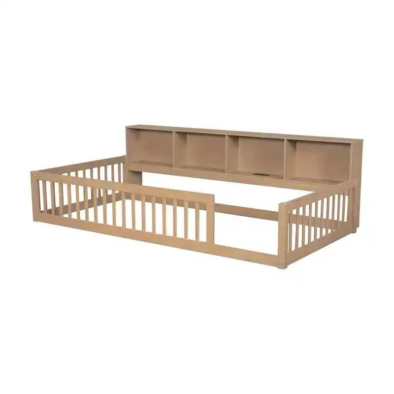 Kiefernholz Twin XL Bodenbett mit Aufbewahrungsschränken und USB-Anschlüssen 25.1"H