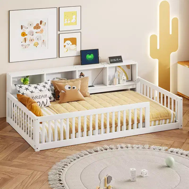 Pine Wood Twin XL Floor Bed with Storage Cabinets and USB Ports 25.1"H