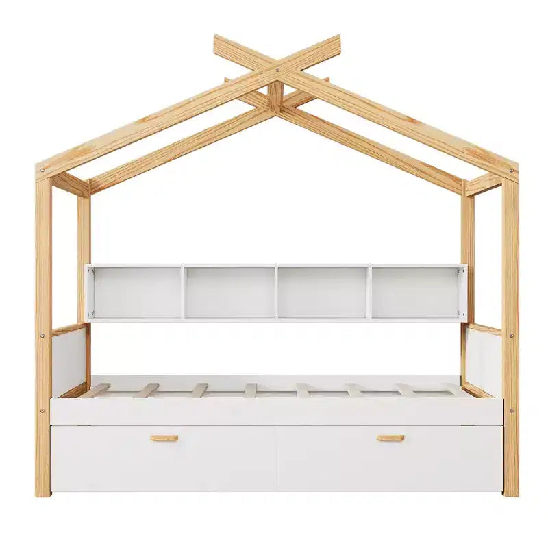 Kinder-Plattformbett aus Kiefernholz mit Hausrahmen, Ausziehbett und Schubladen, 170 cm hoch
