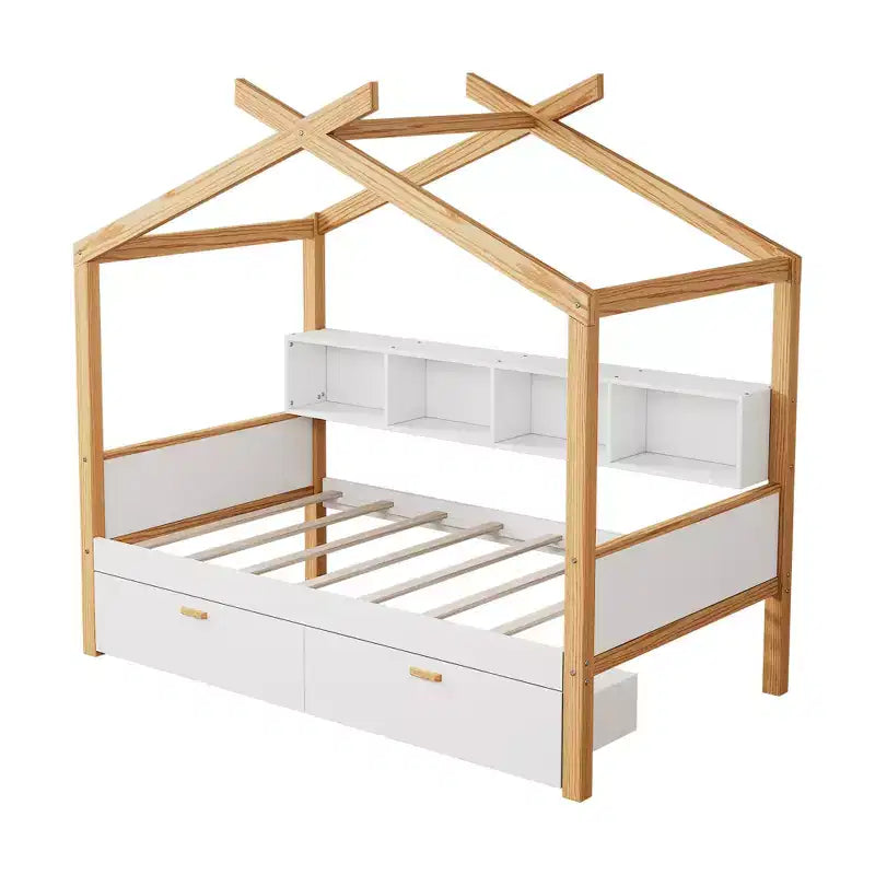 Kinder-Plattformbett aus Kiefernholz mit Hausrahmen, Ausziehbett und Schubladen, 170 cm hoch