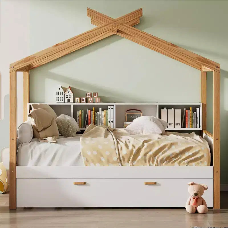 Pine Wood House-Frame Kids Platform Bed with Trundle and Drawers 67"H