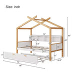 Kinder-Plattformbett aus Kiefernholz mit Hausrahmen, Ausziehbett und Schubladen, 170 cm hoch