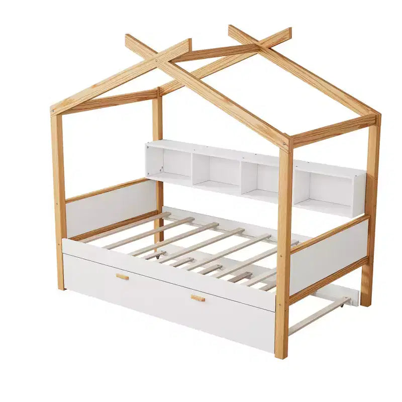 Kinder-Plattformbett aus Kiefernholz mit Hausrahmen, Ausziehbett und Schubladen, 170 cm hoch