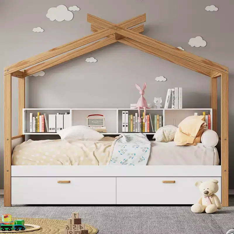 Kinder-Plattformbett aus Kiefernholz mit Hausrahmen, Ausziehbett und Schubladen, 170 cm hoch