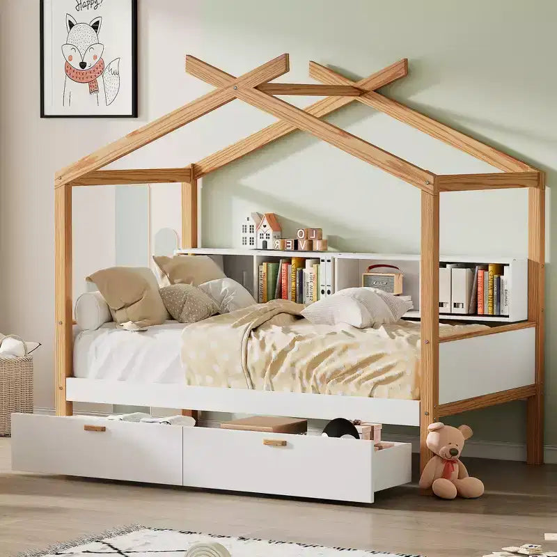 Pine Wood House-Frame Kids Platform Bed with Trundle and Drawers 67"H