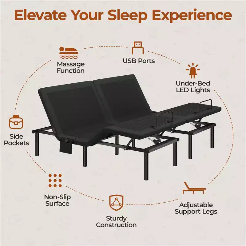 Adjustable Bed Base with Head and Foot Incline, LED Lights and USB Ports