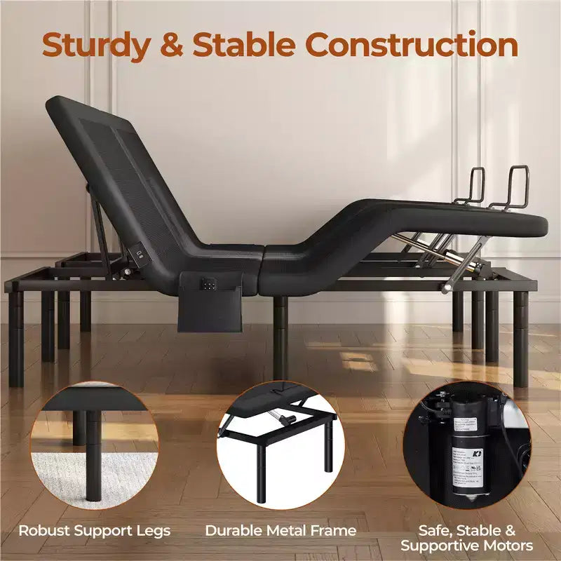Adjustable Bed Base with Head and Foot Incline, LED Lights and USB Ports