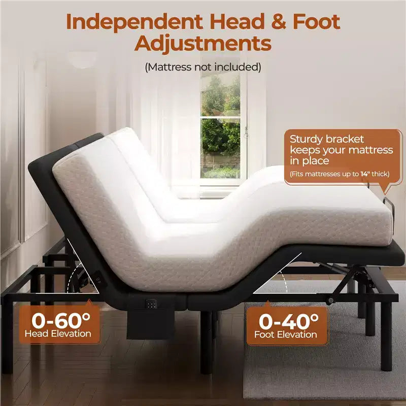 Adjustable Bed Base with Head and Foot Incline, LED Lights and USB Ports