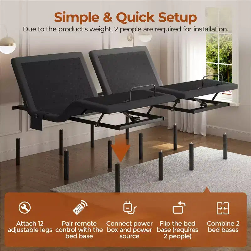 Adjustable Bed Base with Head and Foot Incline, LED Lights and USB Ports