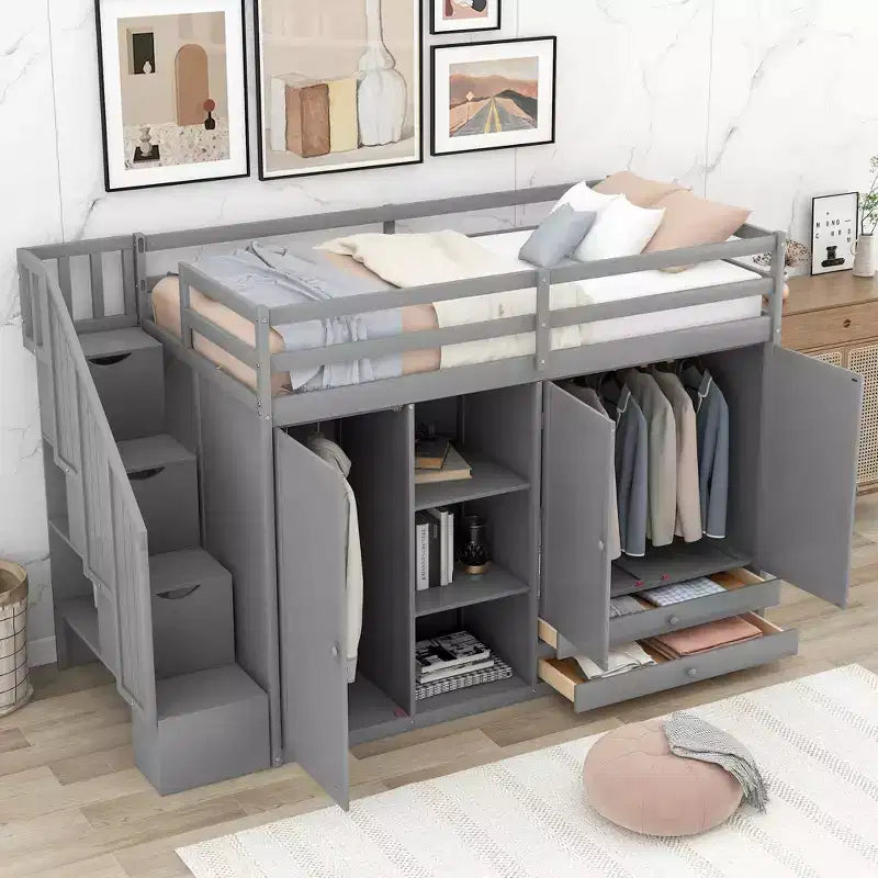 Pine Wood Loft Bed with Wardrobes, Drawers and Shelves 93.3"L x 61.4"H